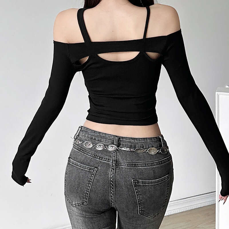 2024 Spring Summer New Women's Solid Color Sexy Off-Shoulder Long Sleeve Crop Top T-Shirt 458