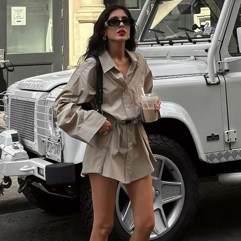 2024 Summer New Women's Solid Color Loose Street Fashion High Waist Turn-Down Collar Long Sleeve Dress f54