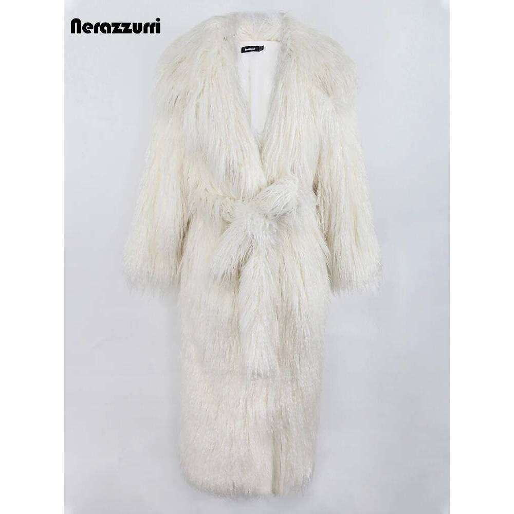 Nerazzurri Winter Long White Black Hairy Shaggy Fluffy Thick Warm Soft Stylish Faux Mongolia Lamb Fur Coat Women Belt Lapel 2023