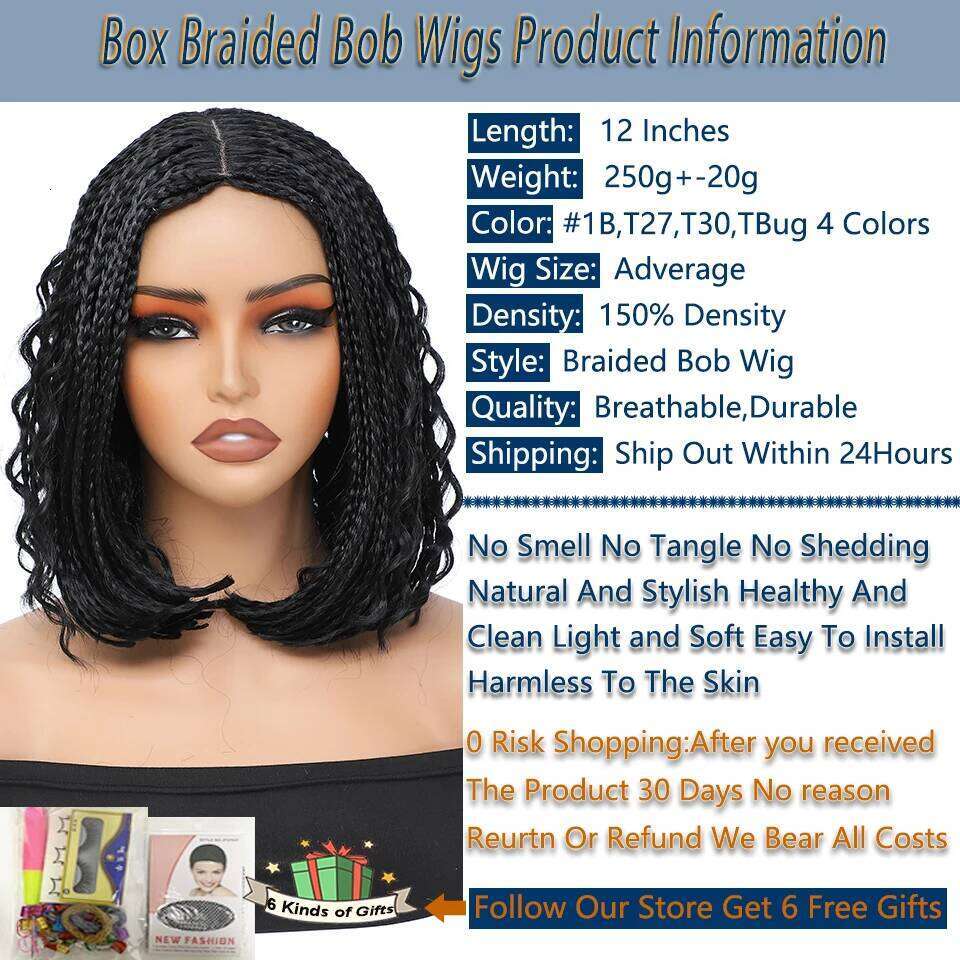 New Style Human Hair Bob Braided For Women 12Inches Synthetic Box Braids Crochet Hair Wigs On Sale Clearance Short Black Wig