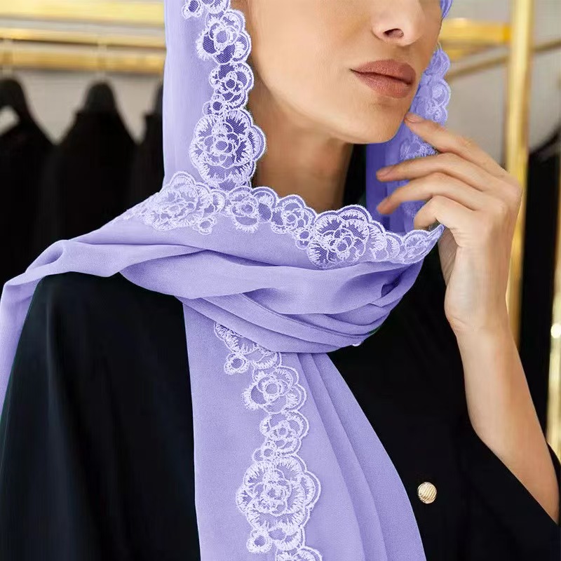 T1306 Summer Pearl Chiffon Fashion Lace Edge Headscarf Women's National Headscarf Solid Color Scarf