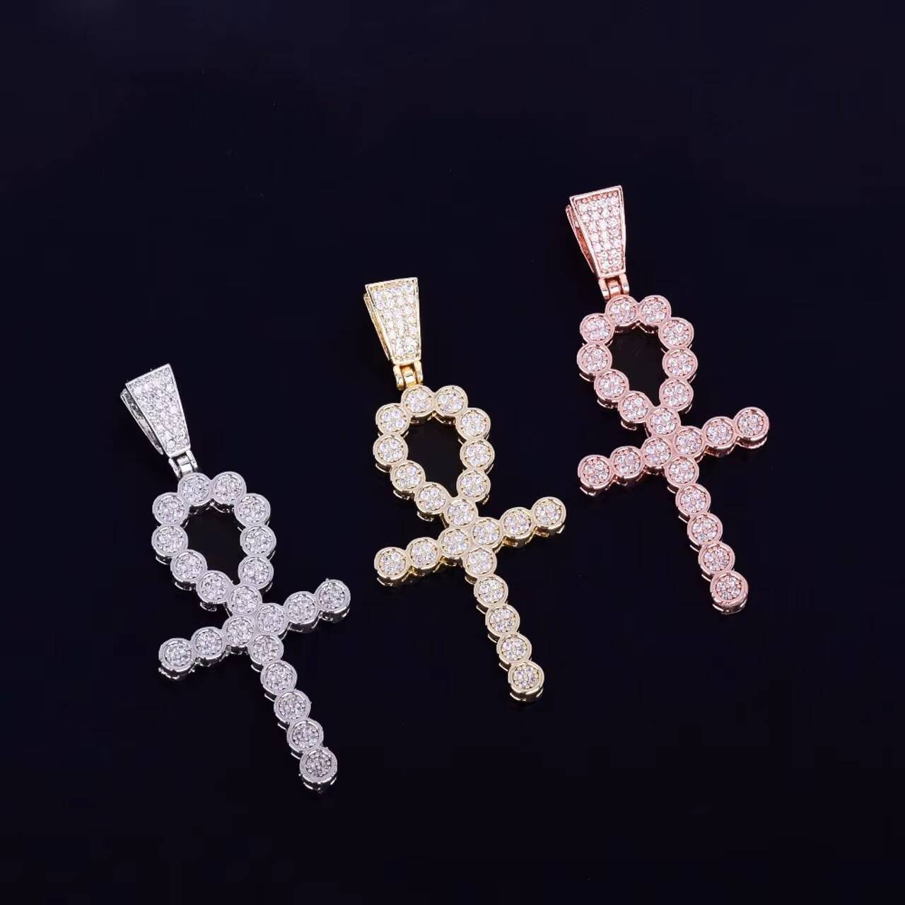 Hot Selling European Vintage Egyptian Moissanite Pendants Charms 18K Gold Silver Hip Hop Ankh Cross Necklace New Vintage Jewelry