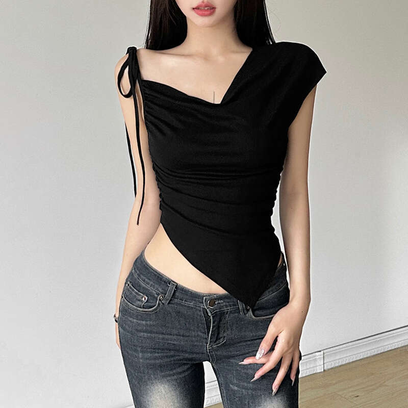 2024 Summer New Women's Solid Color Slim Street Fashion Strap Sleeveless Ruched Top f5b