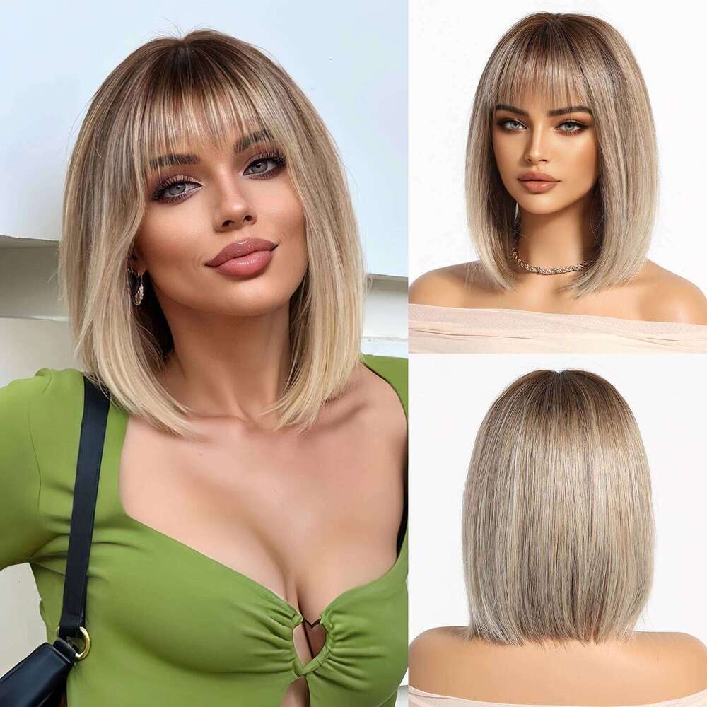 Light Brown Blonde Synthetic with Bangs for Women Short Bob Daily Straight Wigs Fake Hair Cosplay Halloween Heat Resistant