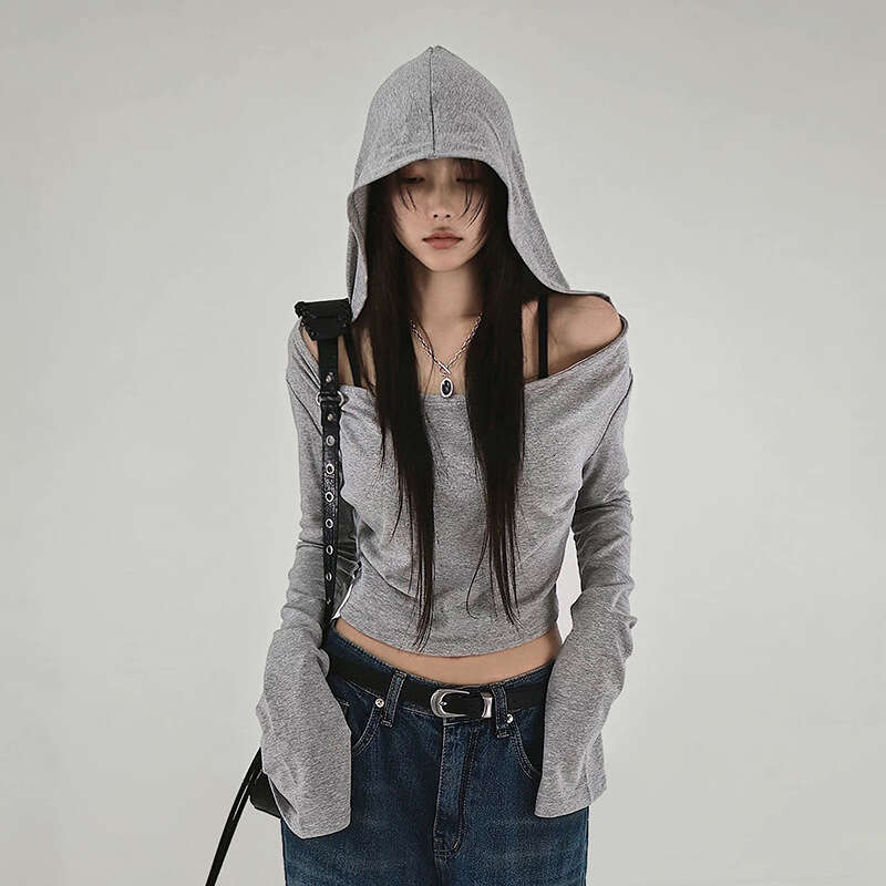 2024 Women's Summer New Solid Color Fashion Hooded Long Sleeve Slim Crop Top for Women 527