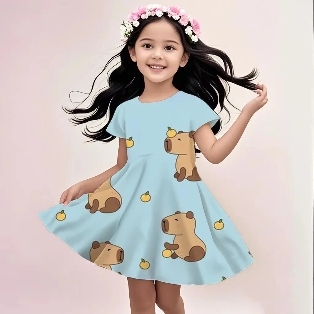 Cute Sunshine Capybaras Summer Round Neck Children Dress Girl Short Sleeve Doll Birthday Gift Princess Dress 250725
