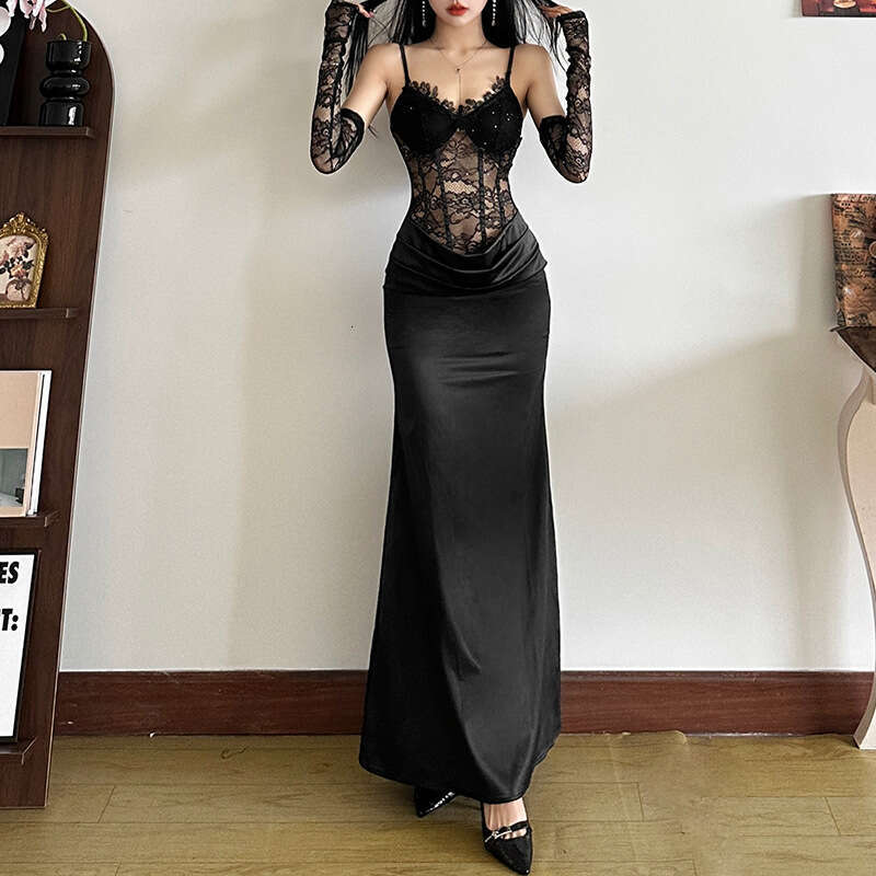 2024 Autumn Winter New Women's Solid Color Slim High Waist Fashion V-neck Strap Mesh Dress b12