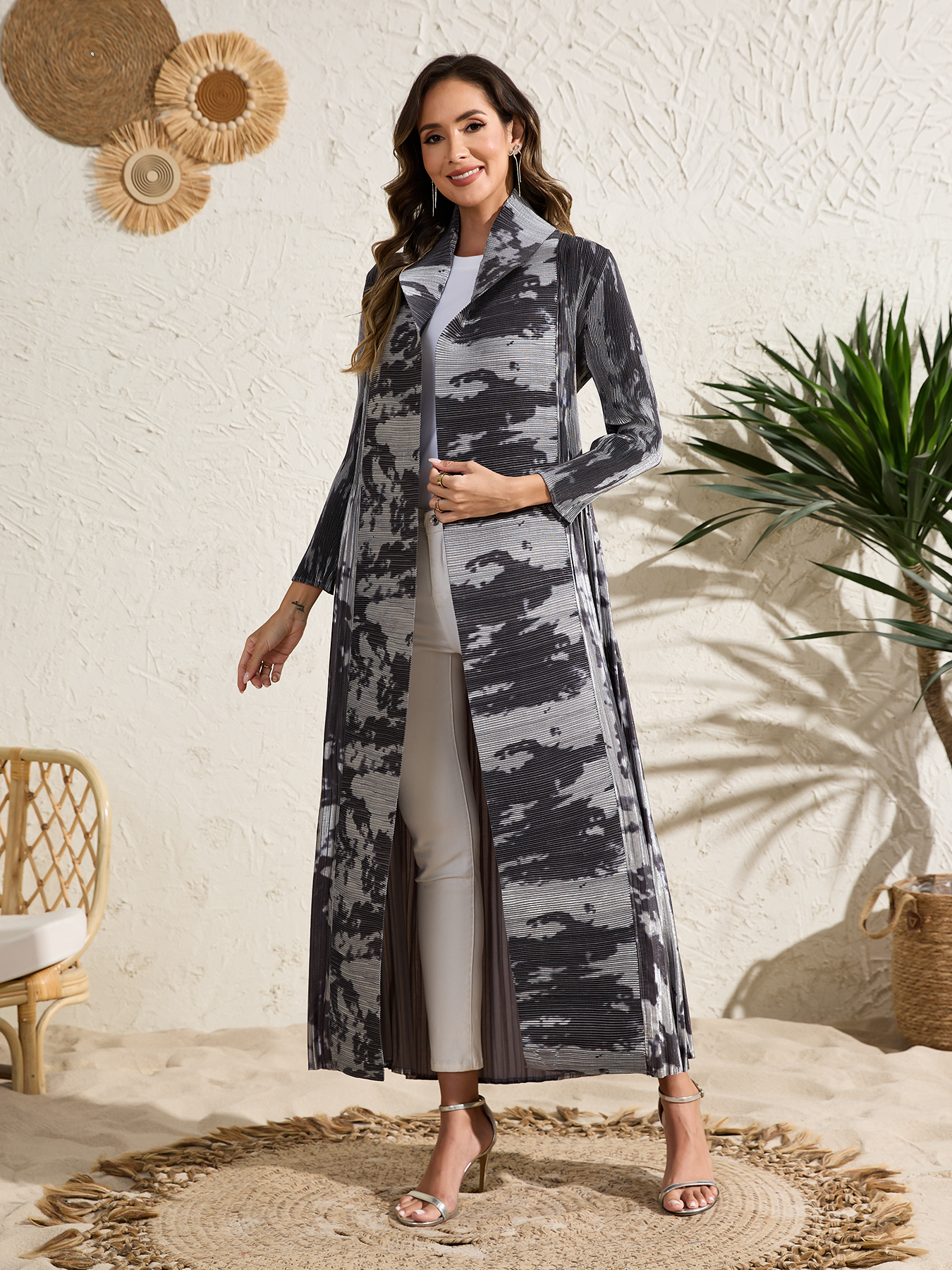 Long robe coat Ethnic Clothing The Middle Eastern printed pleated robe coat is elegant in Arab style NZ020