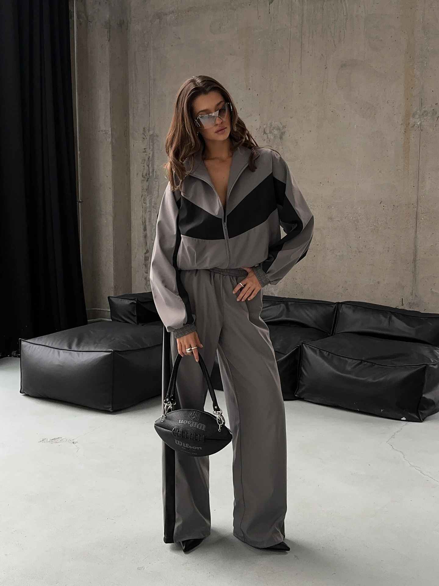 Womens Casual Set Fashion Loose Color Block Long Sleeve Zipper Cardigan Contrast Top Long Pants Sports Set