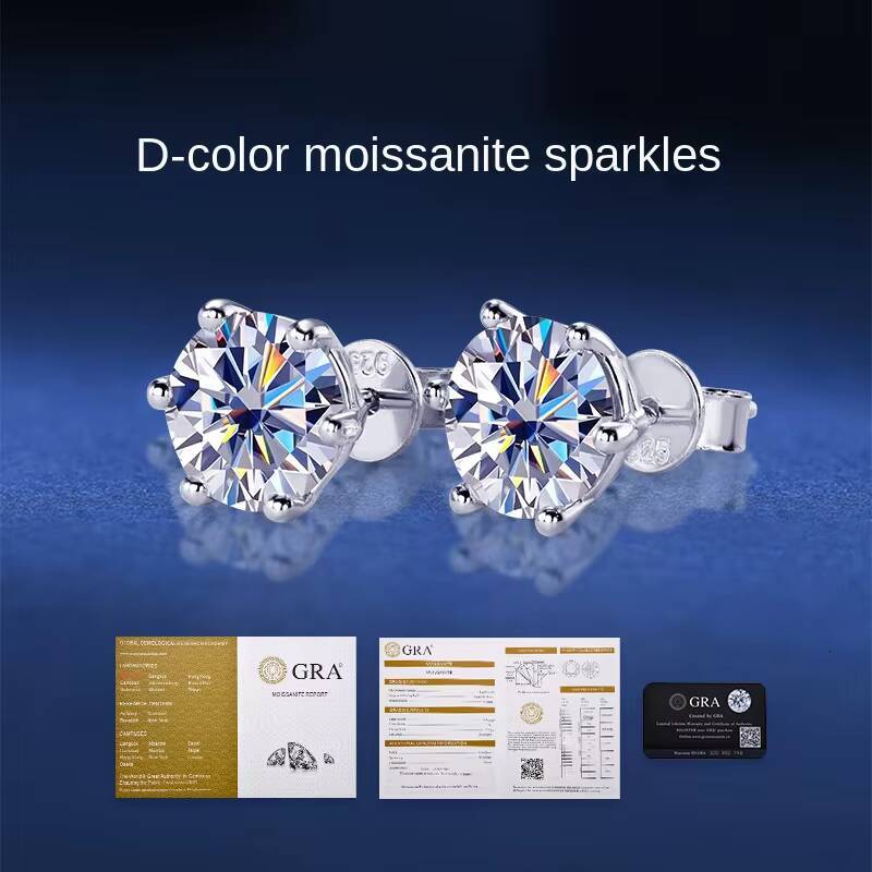Classic Six-Claw Genuine D Color Moissanite Stud Earrings for Women 925 Sterling Silver Gold Plating Cross-Border Popular