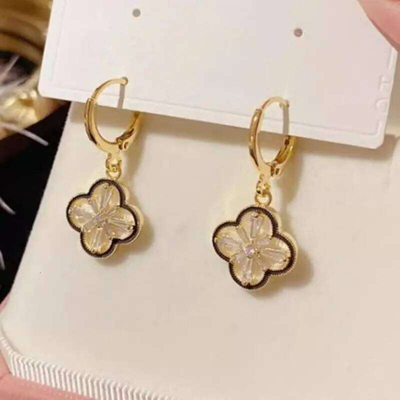 Cute Elegant Gold-Plated Copper Zircon Four-Leaf Clover Dangle Earrings for Women and Girls Wholesale