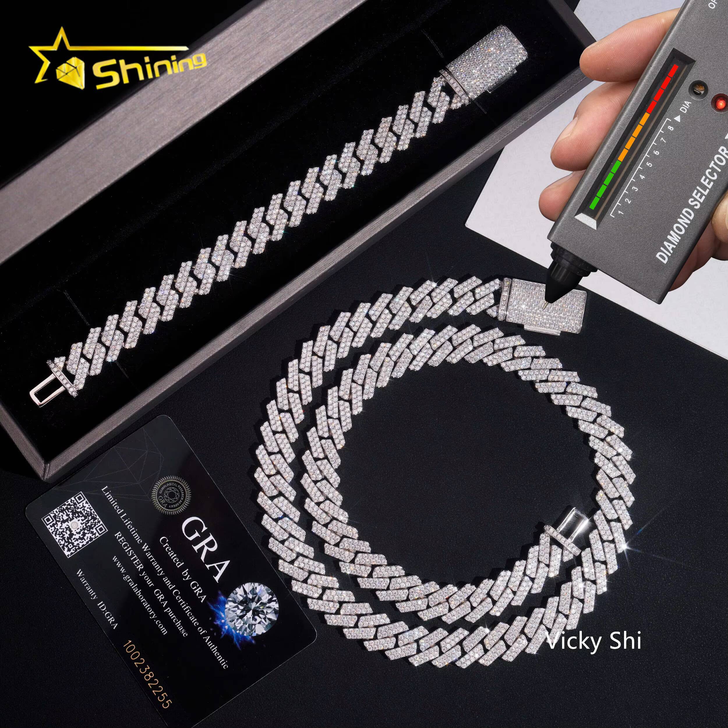 Hot Selling Hip Hop Men Cuban Necklace GRA 925 Solid Silver 13mm Two Rows Iced Out VVS1 Moissanite Cuban Link Chain