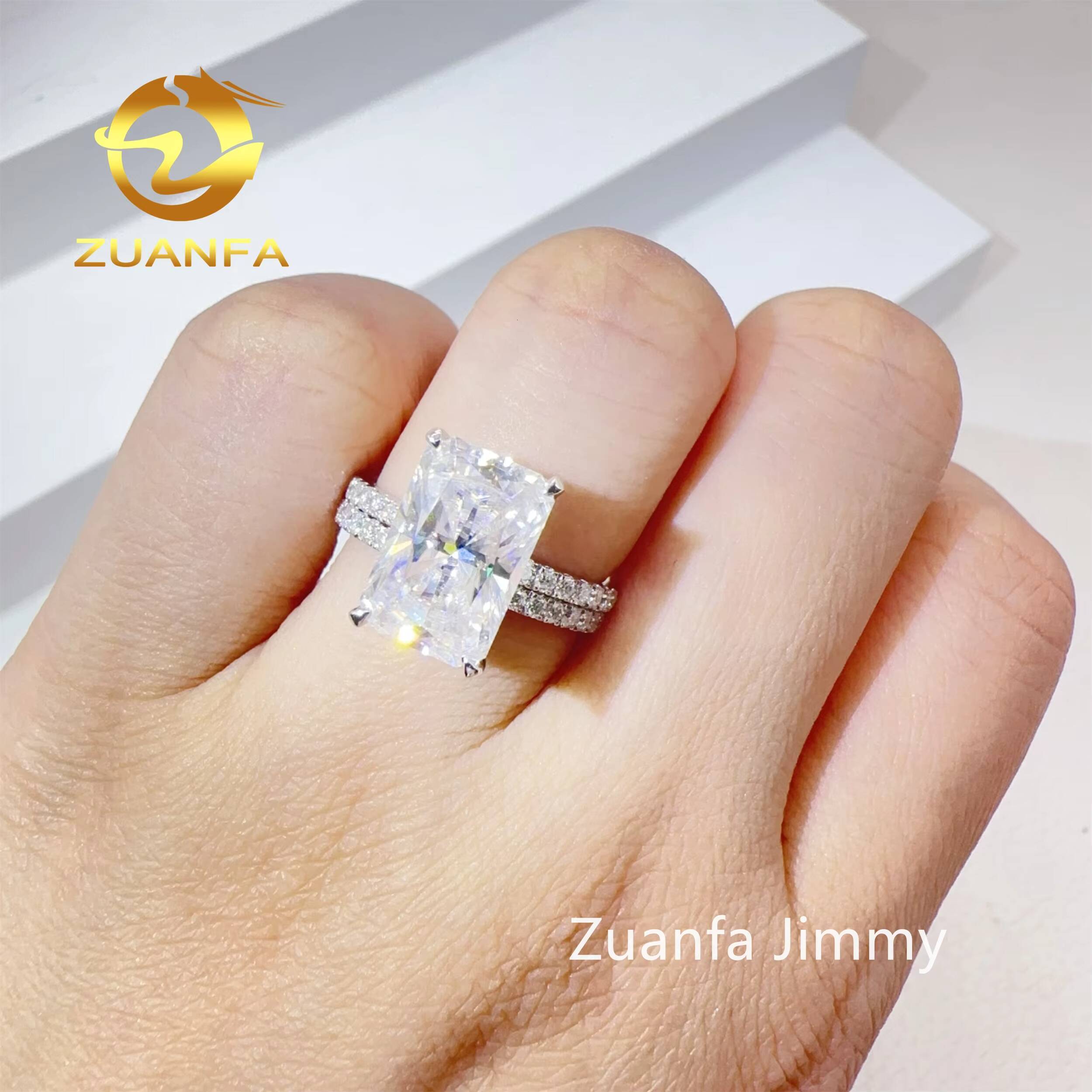 Custom Elegant Bridal Jewelry 10k 14k Solid White Gold 5CT Crushed Radiant Moissanite Diamond Engagement Band Ring Set