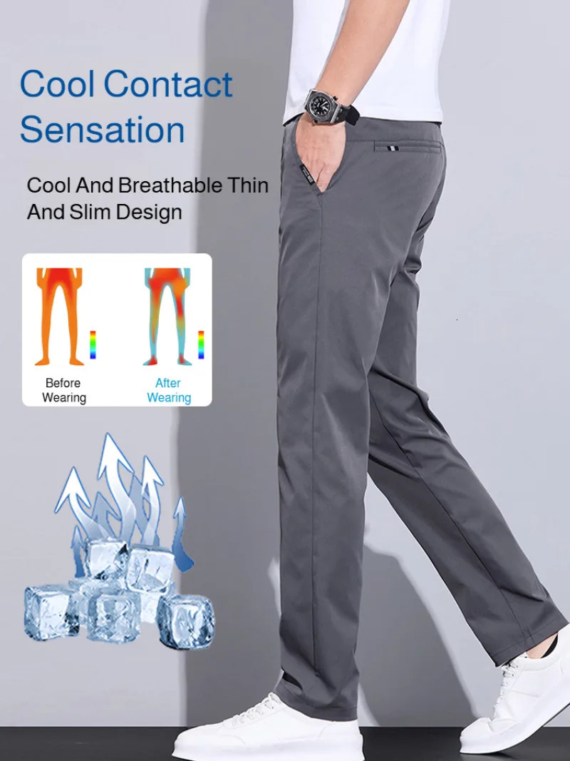 Mens Casual Pants Thin Ice Silk Summer Slim Straight Breathable Quickdrying Light Fashionable Business 250725
