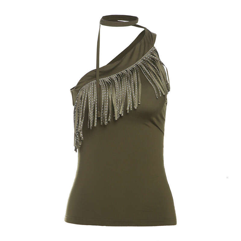 2025 Spring New Women's Solid Color Slim Street Fashion Asymmetrical Neck Halter Sleeveless Tank Top a7f