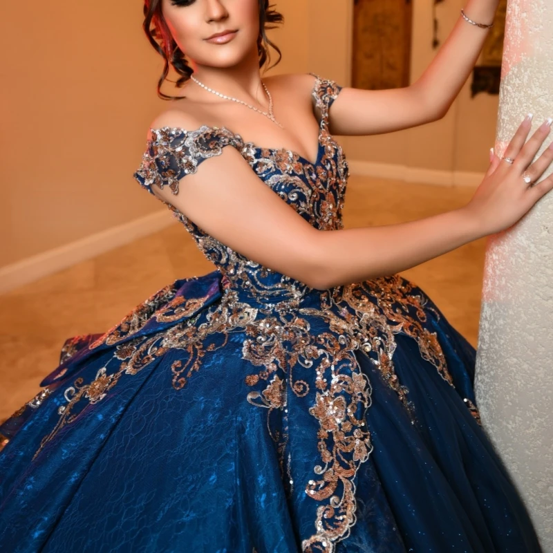Royal Blue Shiny Quinceanera Dresses Off Shoulder Ball Gown Sweet 16 Dress Applique Lace Beading Bow Tull Birthday Party Vestidos 15 Anos