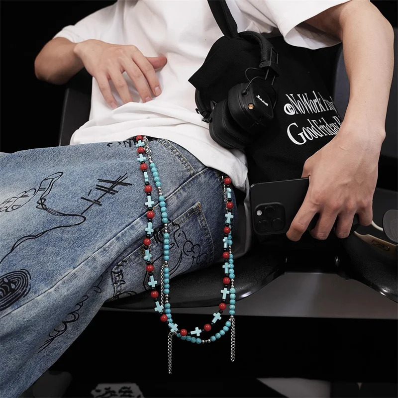 Japanese Fashion Vintage Trendy Turquoise Round Bead Cross Chain Tassel Punk Pants Chain Hip-hop Jeans Accessories 250722