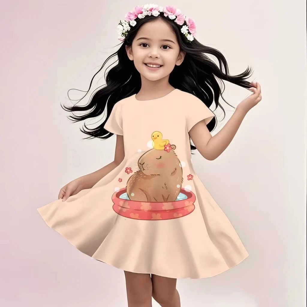 Cute Sunshine Capybaras Summer Round Neck Children Dress Girl Short Sleeve Doll Birthday Gift Princess Dress 250725