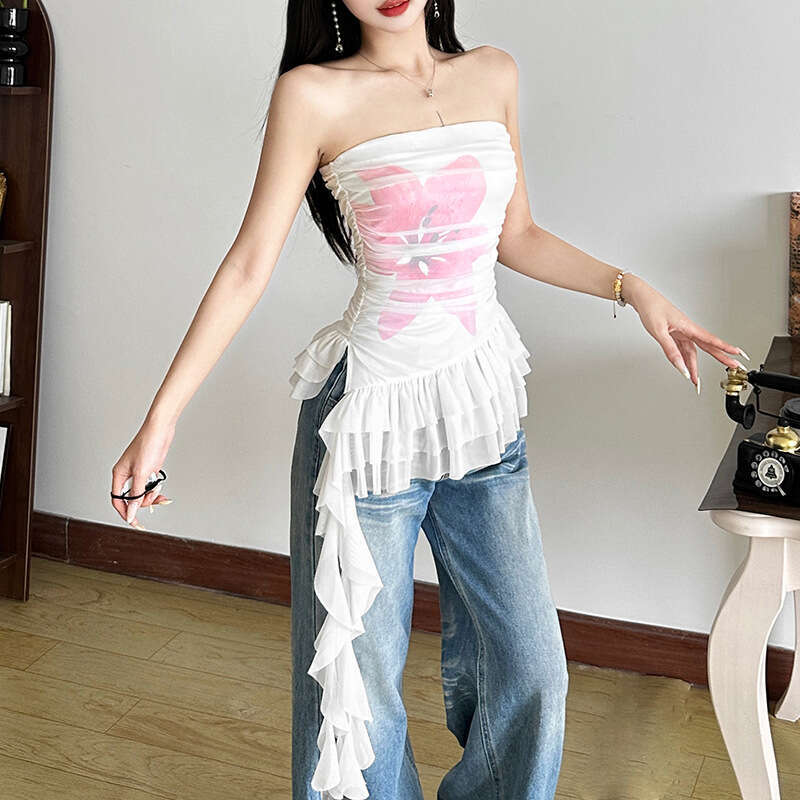 2025 Women's Summer Fashion Printed Sexy Off-Shoulder Strapless Tassel Ribbon T-Shirt 94f