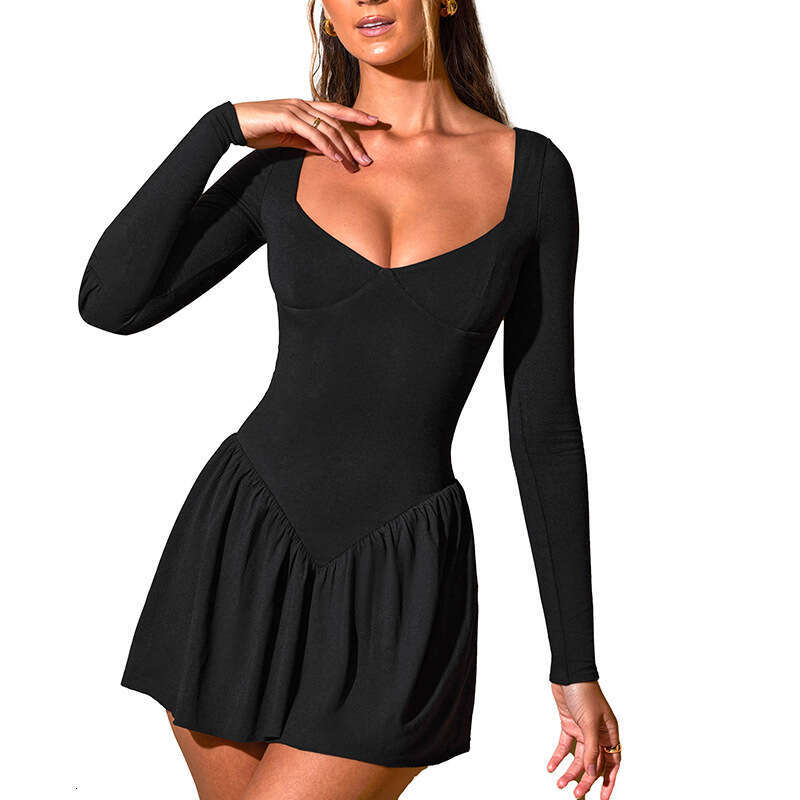 Yds2 Women's Autumn New Solid Color Patchwork Ruched Sexy Long Sleeve Short Dress B5