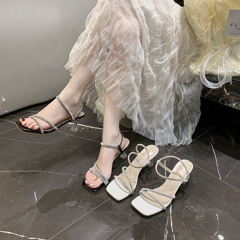 Ddmysports Fengliang Diamond Sandals For Women Summer New French Rhinestone Fashion Chunky Heel Fairy Style High Heels Outdoor Shoes