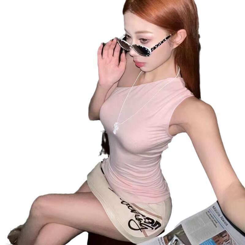 2024 Summer New Women's Solid Color Slim Fit Single Shoulder Sleeveless Top Fashion High Waist Skirt fb9