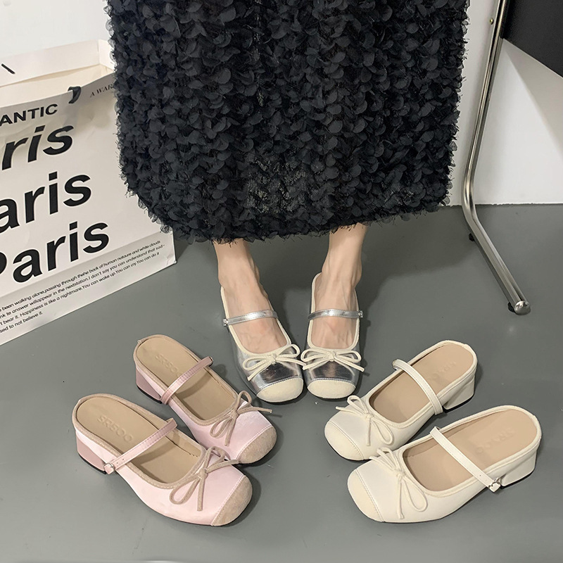 Ddmysports Silver Mary Jane Half Outdoor Summer French Style Chunky High Heel Bowknot Loafers Slippers For Women Outdoor Shoes