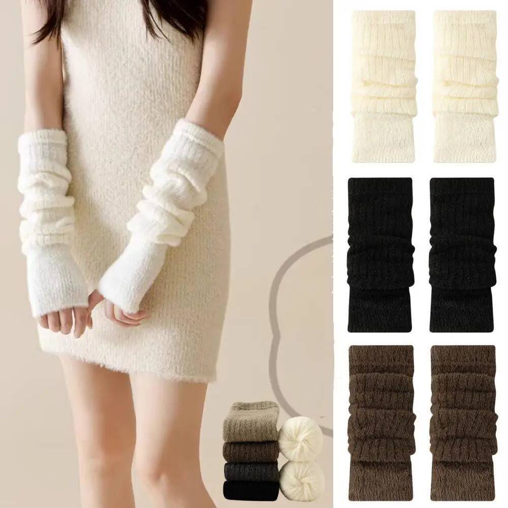 Hot Sale Mink Fleece Fingerless Women's Soft Winter Warm Solid Color Plush Knitted Gloves Lolita Jk Arm Warmer Y2K ddmythur