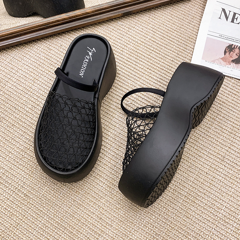 Ddmysports French Style Platform Thick Sole For Women New Hollow Breathable Wedge Half Slippers Small Height Increasing Sandals Outdoor Shoes