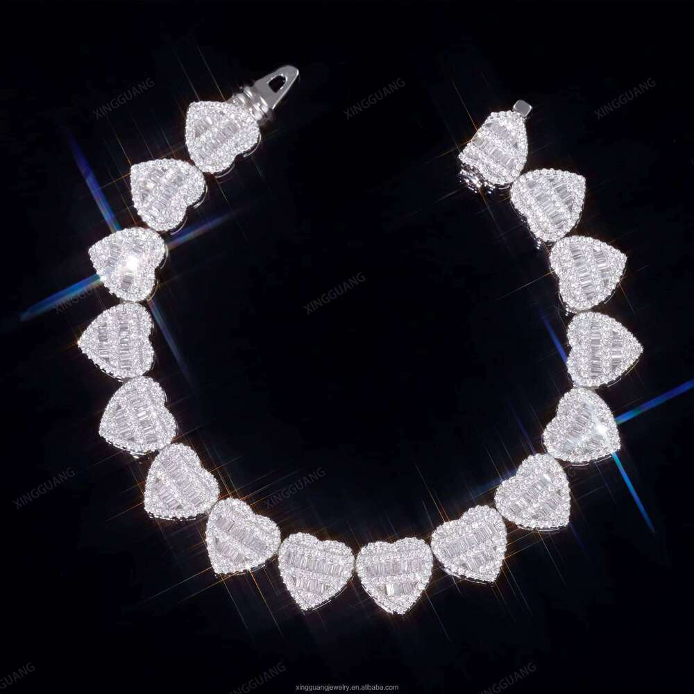 XG Rts Moissanite with GRA Baguettes Dia Heart Sier Gold Plated Cuban Link Chain Fine Jewelry Bracelet