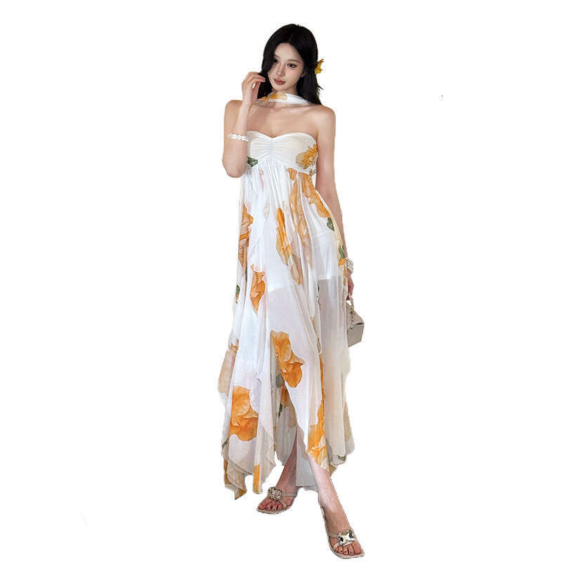 2025 Summer New Style Halter Neck Slim Fit Elegant Asymmetric Backless Tube Dress for Women 76f