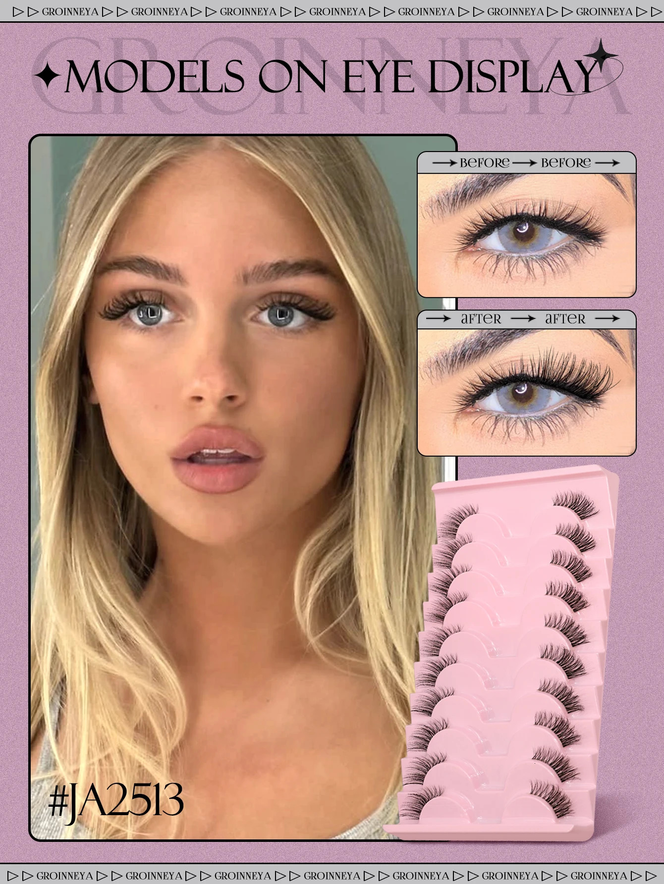 GROINNEYA Half Lashes Soft Natural Clear Band Look Faux Mink Wispy Eyelashes Makeup 250714