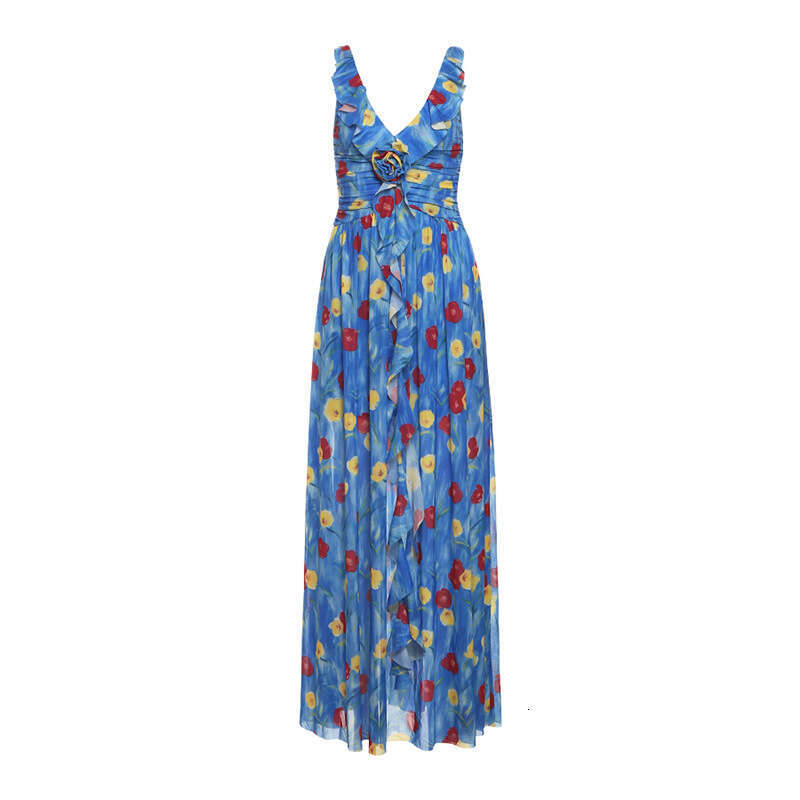 2025 Summer New French Style Waist-Cinching V-Neck Slim Fit Three-Dimensional Floral Sleeveless Versatile Long Dress 7d5