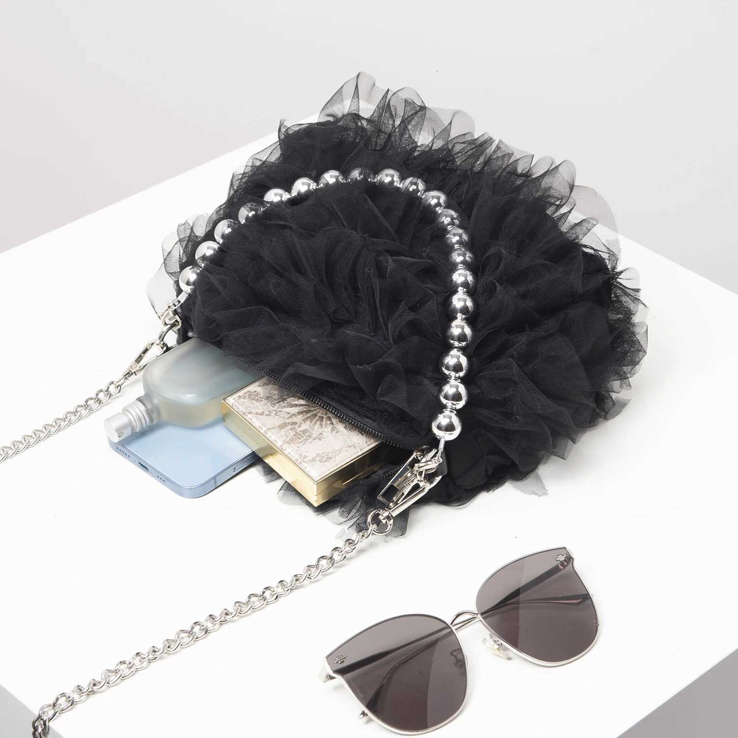 Netted Ruffled s for Ladies Metal Chain Crossbody Bag Prom Dresses for Women Elegant Womens Bag Wedding Items Y250725