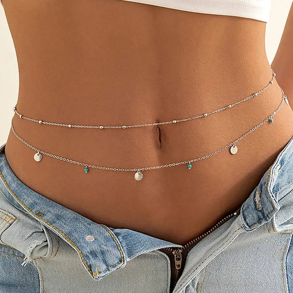 Minimalist Tassel Sequin Double Layer Chain Casual Pants Chain Hip-hop Body Chain Fashionable Retro Turquoise Waist Chain 250722