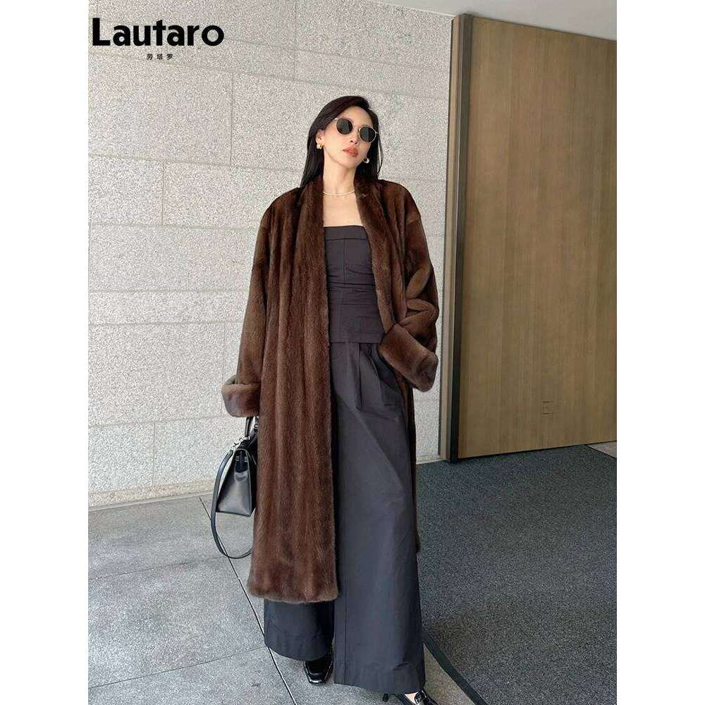 Lautaro Autumn Winter Long Elegant Chic Soft Thick Warm Brown Hairy Faux Mink Fur Coat Women V Neck Fluffy Overcoat 2024