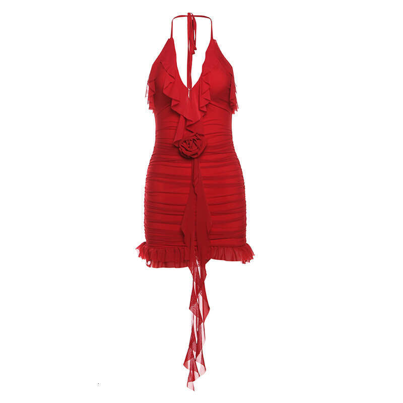 2024 Spring New Women's Solid Color Slim High Waist Fashion Halter Sexy Backless Dress 594