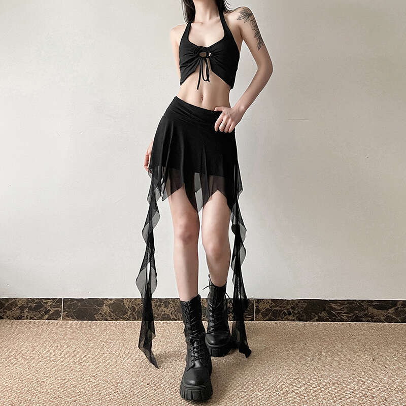 2024 Summer New Women's Solid Color Slim Street Fashion High Waist Sheer A-line Skirt 3c5