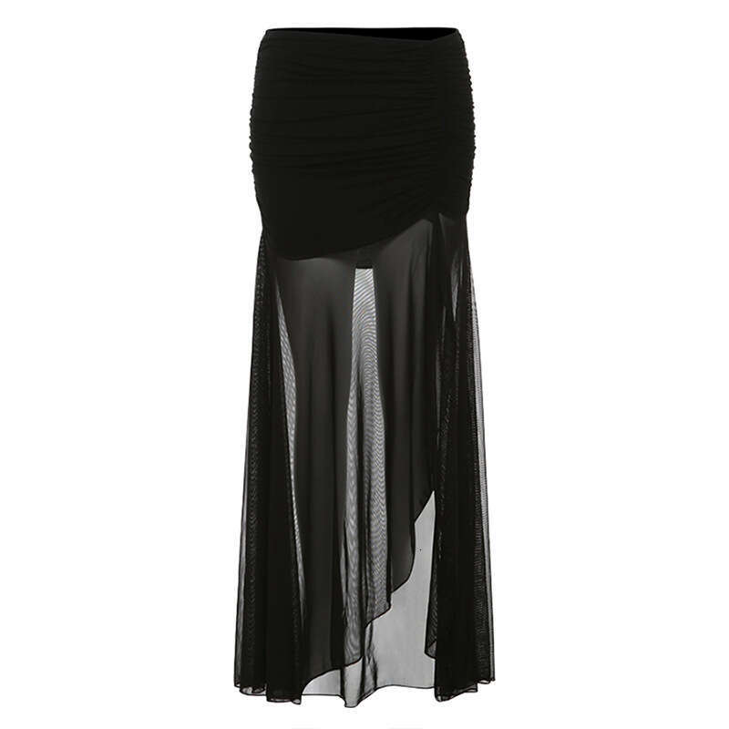 2024 Summer New Women's Solid Color Slim Street Fashion High Waist Mesh Split Skirt b51