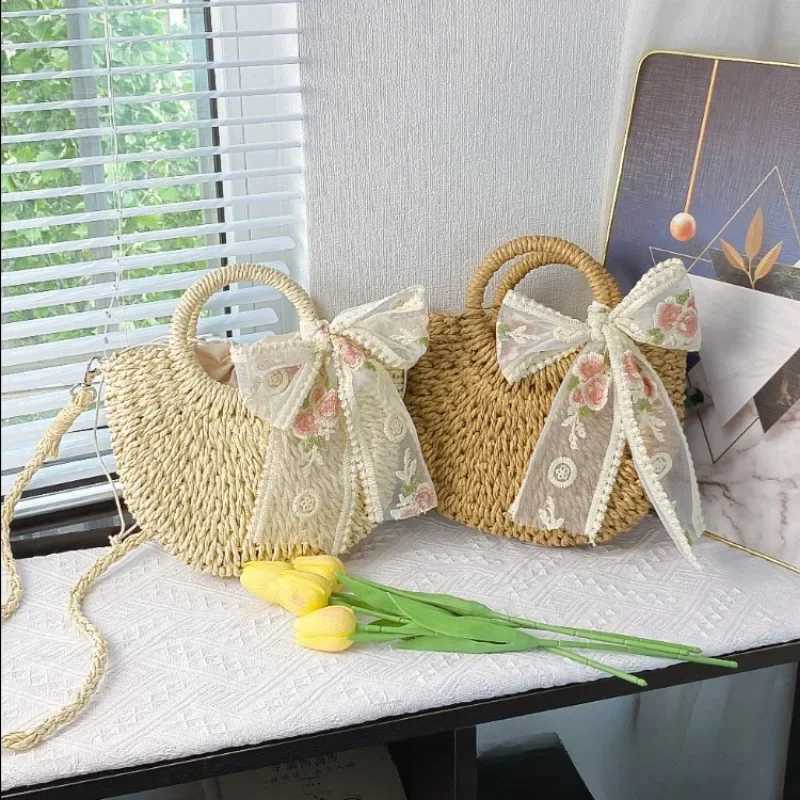 Str Bag Women Hand-Woven Handbag Moon Shape Lace Bow Rattan Bag Large Capacity Drawstring Casual Beach Shoulder Crossbody Bag Y250725