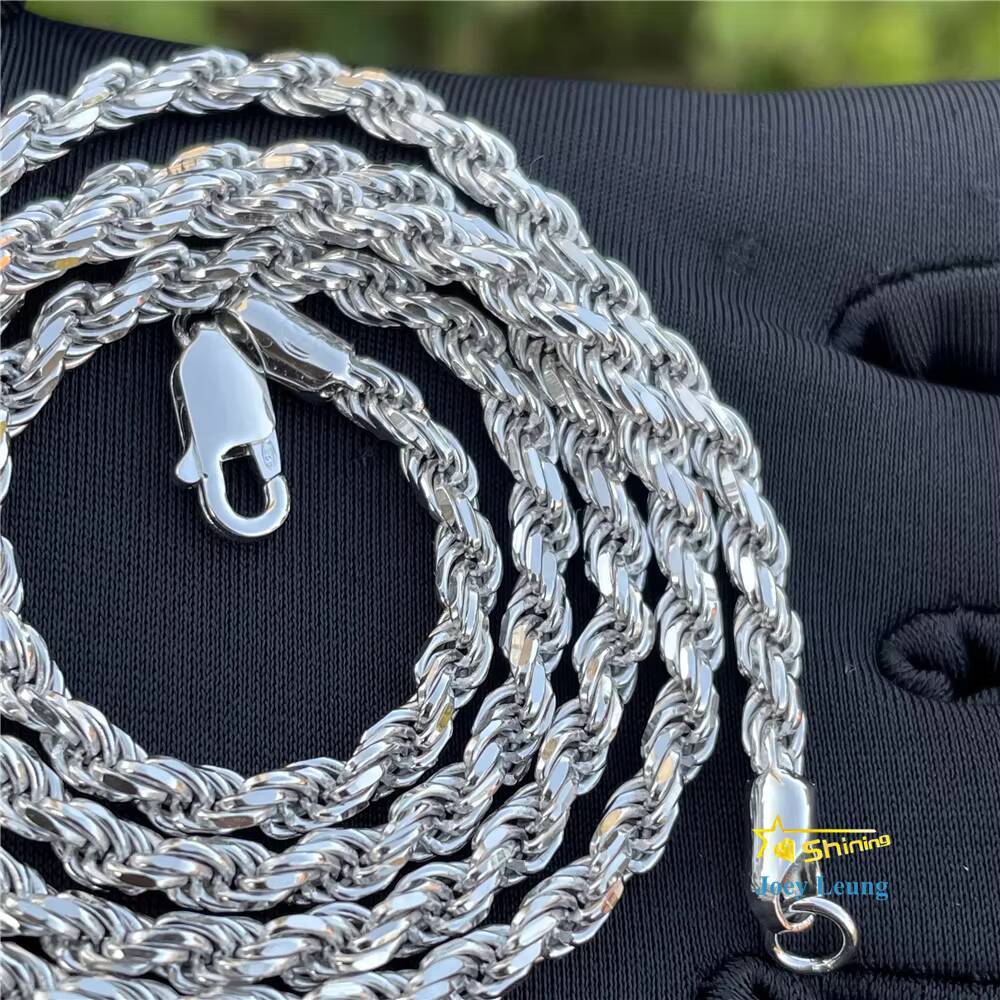 Large Stock Hip Hop Jewelry 1.9mm-6.0mm Rope Chain Necklace 925 Sterling Silver Gold Plated Rope Chains