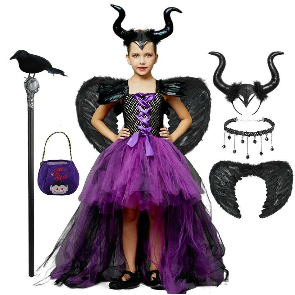 Halloween Children Costume Tulle Dress Girls Cosplay Vestidos Par Evil Queen Mesh Princess Dress Kids Crow Wand Z250725