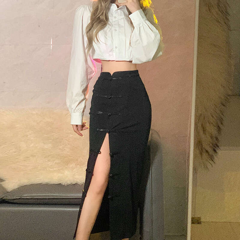 2022 Autumn Winter New Women's Solid Color Slim High Waist Bodycon Fashion Sexy Slit Midi Skirt 433