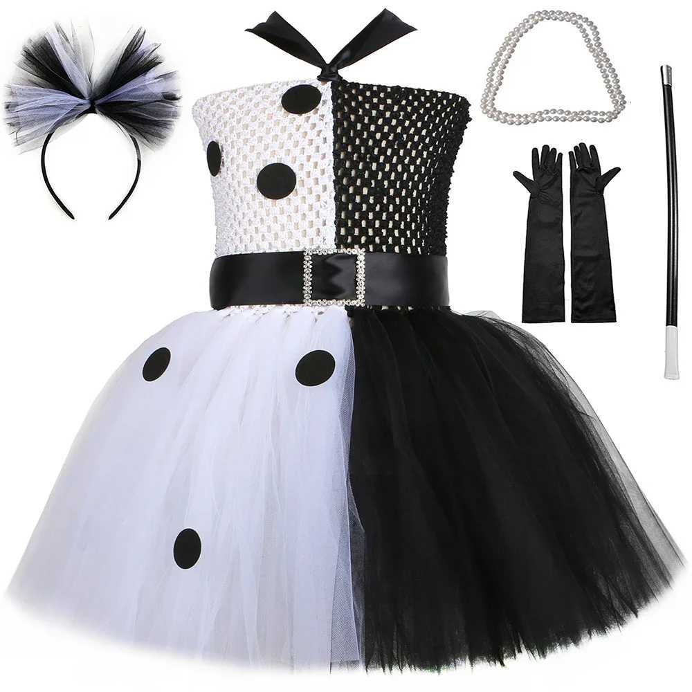 Cruella De Vil Tutu Dress Girls Dalmatians Black White Witch Cosplay Halloween Costume Kids Fancy Carnival Par Clothes Outfit Z250725