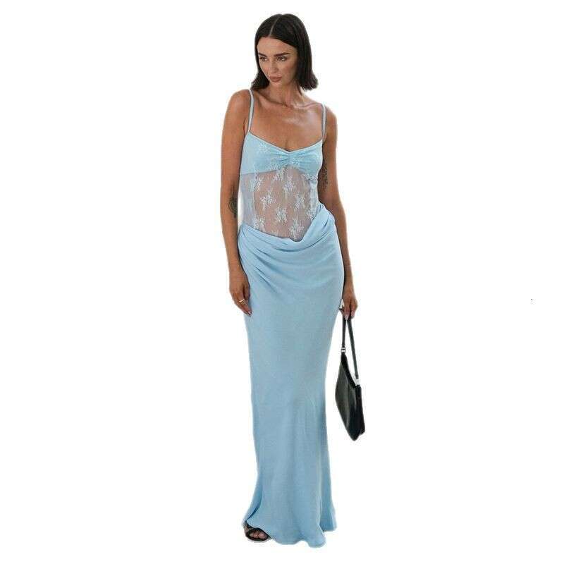 G25ds046 Women's Spring Summer New Solid Color Strap Lace Tight-Fitting Patchwork Dress B5
