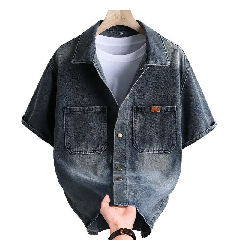 Trendy Mens Solid Denim Shirt Soft Breathable Collar MultiPocket ShortSleeve Casual Comfortable Versatile Top 250725