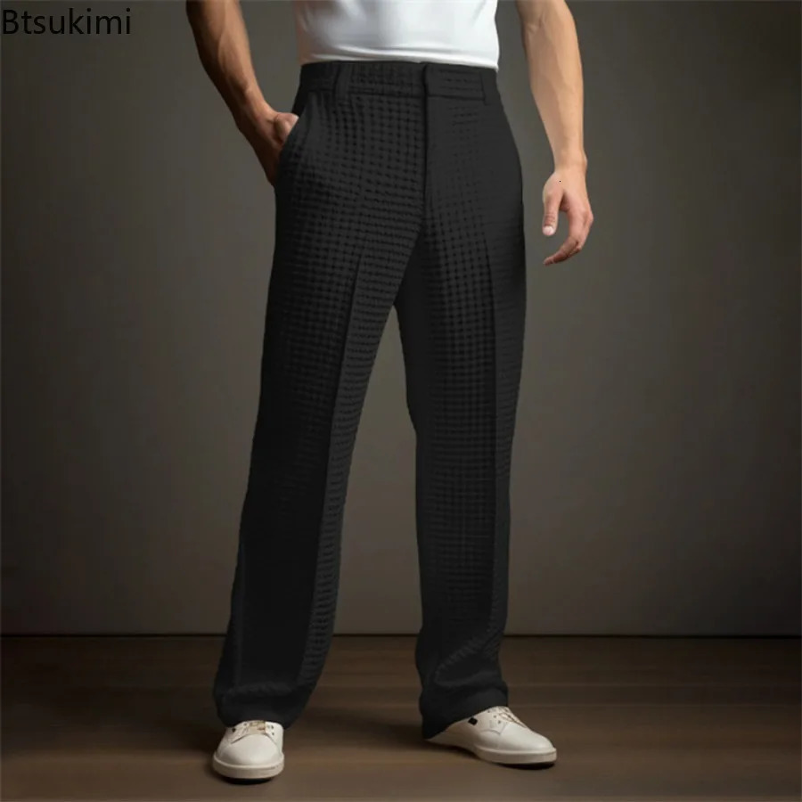 2025 Mens Elegant Waffle Suit Pants Solid Loose Straight Trousers Business Social Dress Casual Vacation for Men 250725