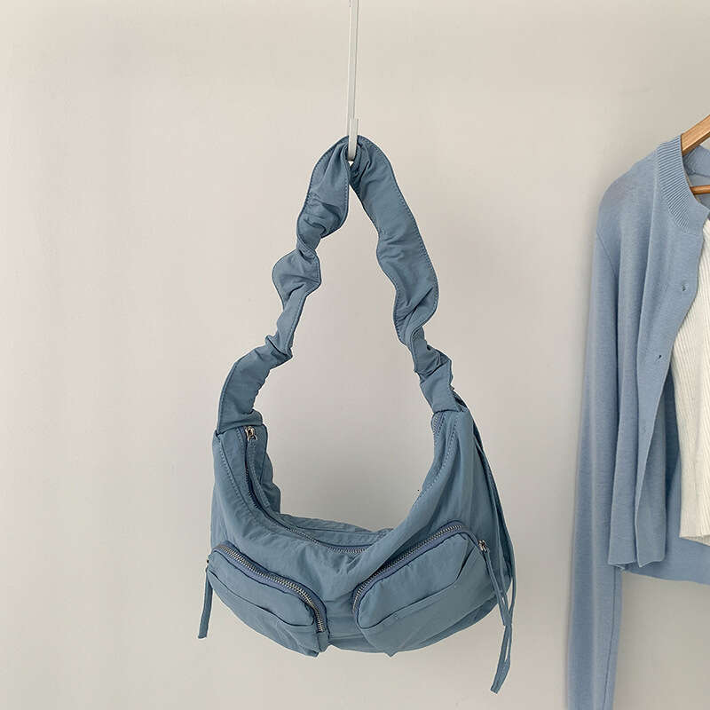 2025 Summer New Pleated Nylon Fabric Solid Color Single Shoulder Niche Lotus Leaf Drawstring Casual Versatile Crossbody Bag for Women