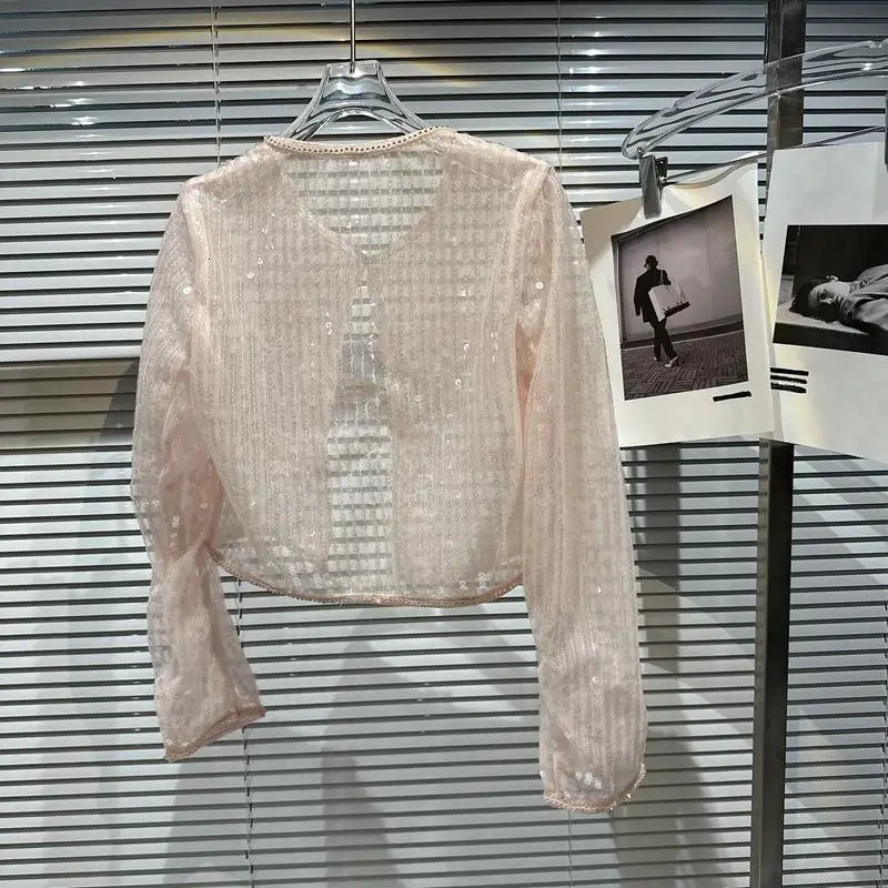 Spring Summer Sequin Shoulder Pad Sunscreen Short Coat Women White Black Pink Jacket 250725