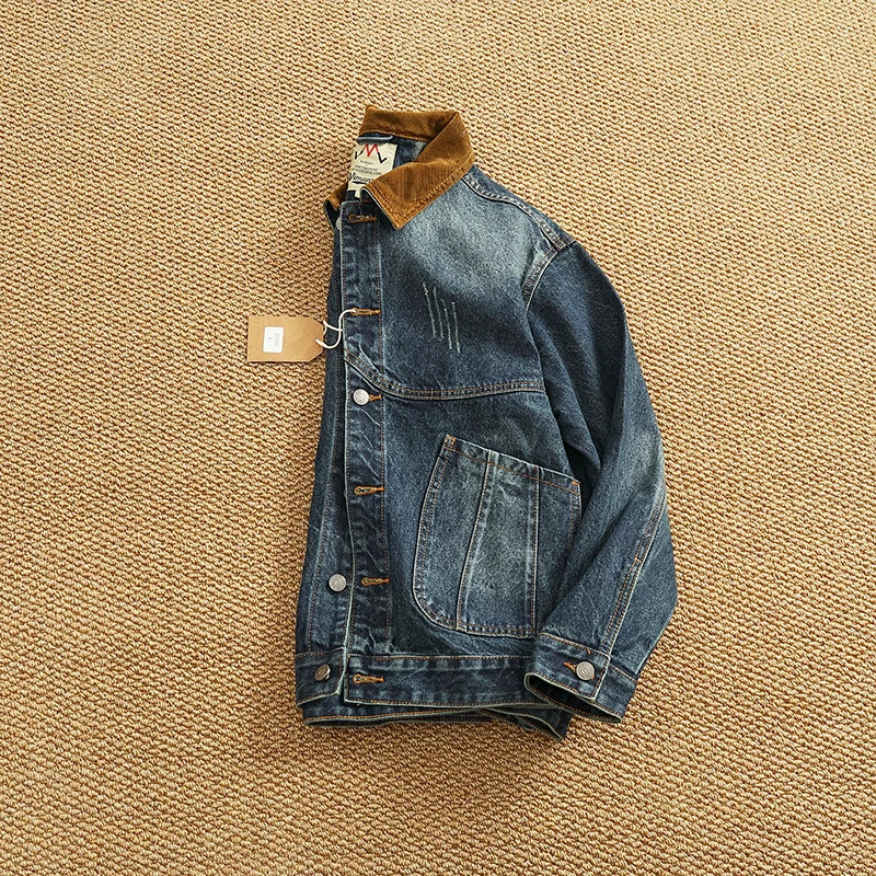Spring American Retro Heavyweight Neckline Contrast Color Corduroy Washed Old Cargo Denim Jacket Mens Lapel Casual Coat 250717